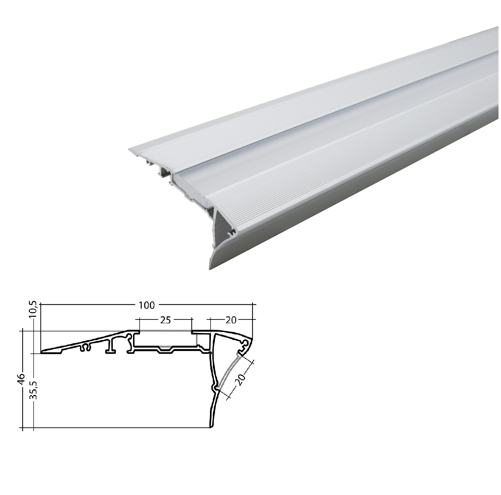 Aluminum stair nosing profile silver with cover 