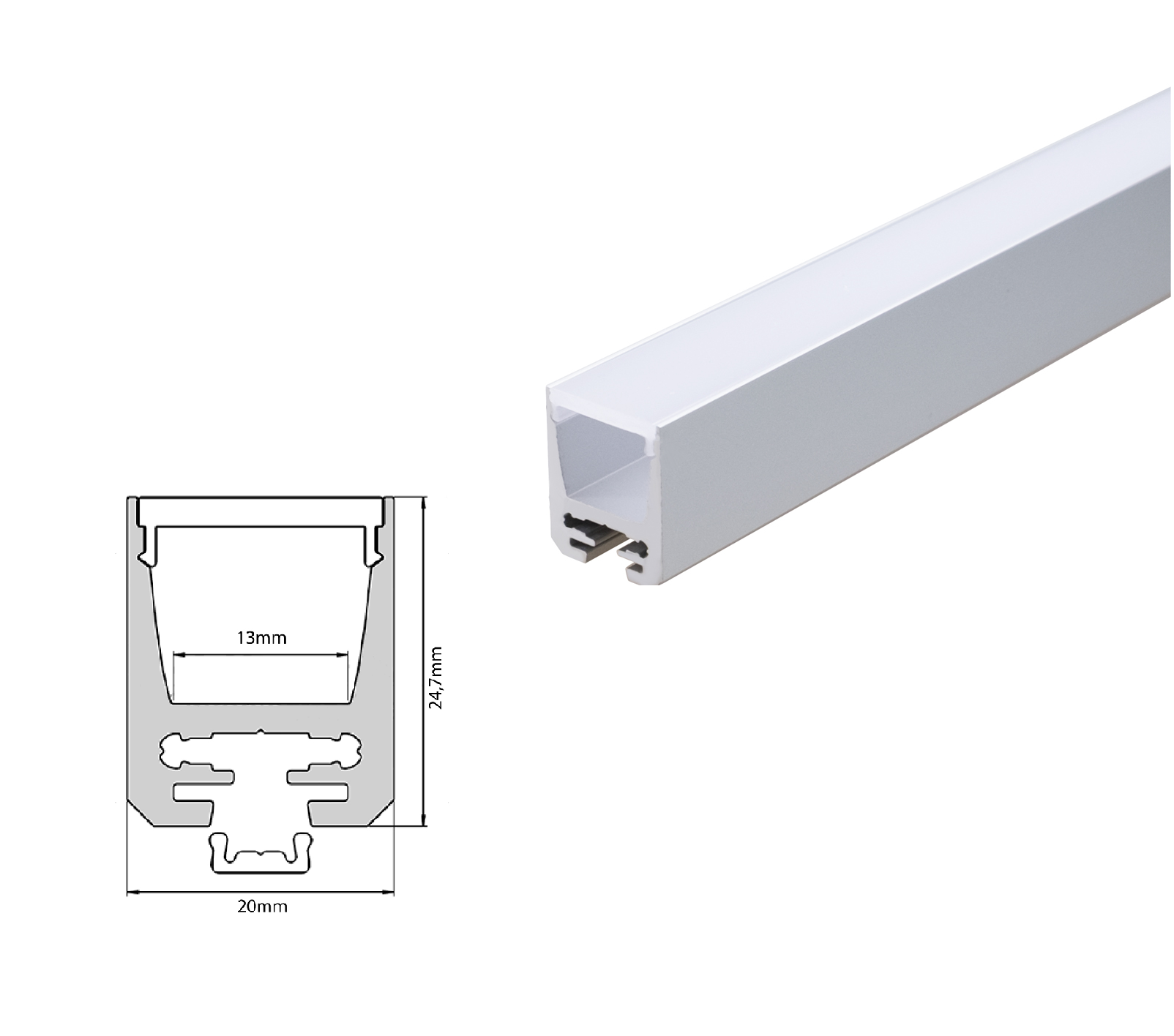 Aluminum profile 25mm silver with cover 